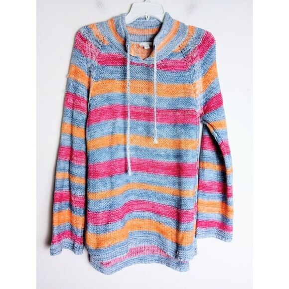 J.Jill Blue Pink Orange Yarn Knit Cotton/Linen Blend Pullover Sweater sz Medium - Picture 1 of 7